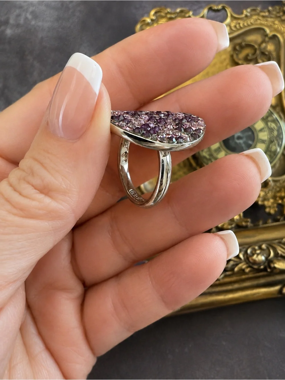 COACH • Purple Lavender Crystal Rhinestone Signature Logo Statement Ring